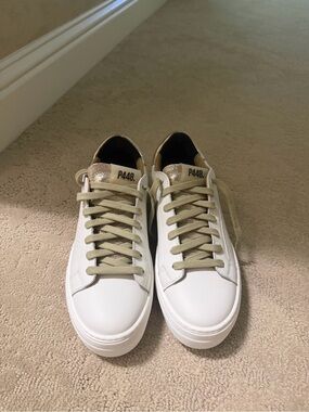 P448 Women’s White Leather Sneakers with Beige and gold Accents